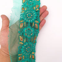 Thumbnail for Cyan Green Net Fabric Lace Trim with Floral Embroidery, Lace Trim, Sari Border