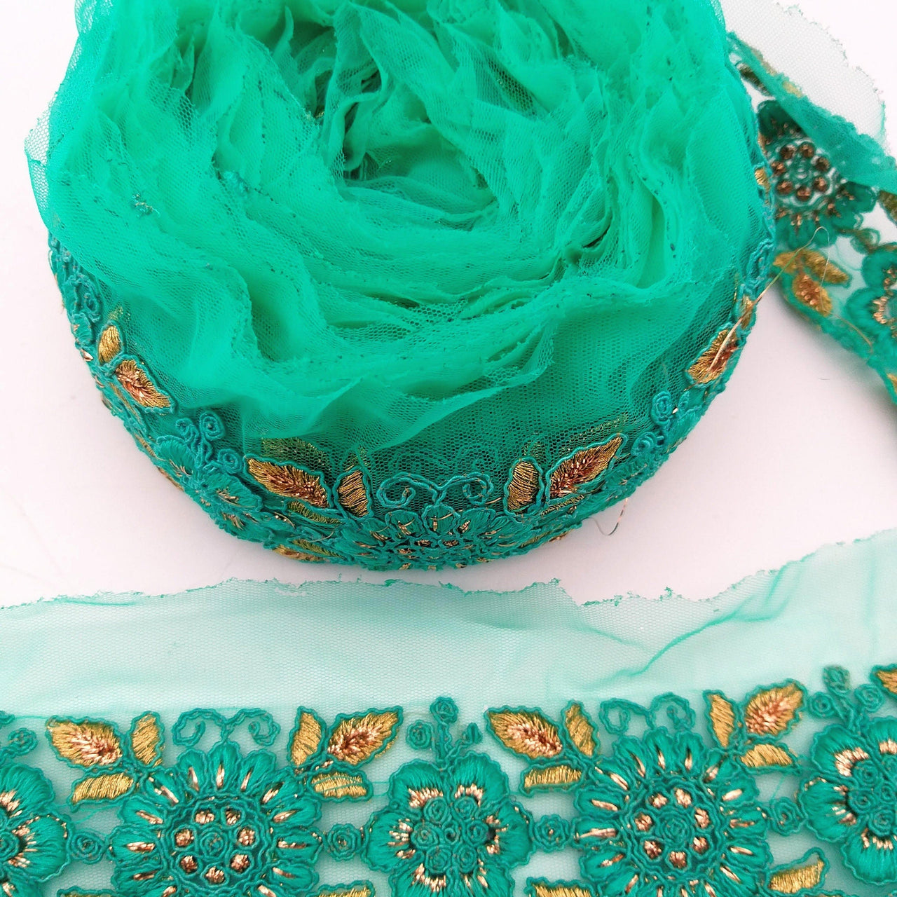 Cyan Green Net Fabric Lace Trim with Floral Embroidery, Lace Trim, Sari Border