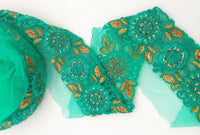 Thumbnail for Cyan Green Net Fabric Lace Trim with Floral Embroidery, Lace Trim, Sari Border