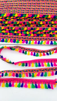 Thumbnail for Pink And Multicoloured Braided Fringe Thread Lace Trim, Rainbow Tassels Trim, Fringe Trimming
