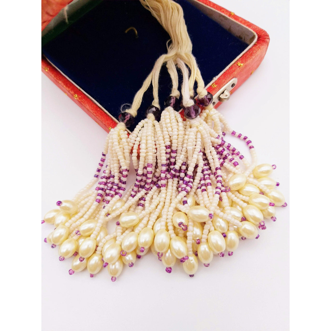 Ivory White and Purple Bead Tassels Latkan, Indian Latkans, Beaded Danglers