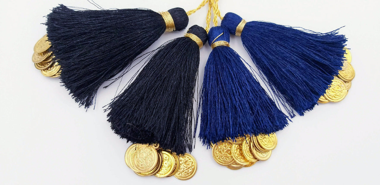 Navy Blue Tassels Latkan With Metal Coins, Indian Latkans, Blue Handmade Sewing Latkans
