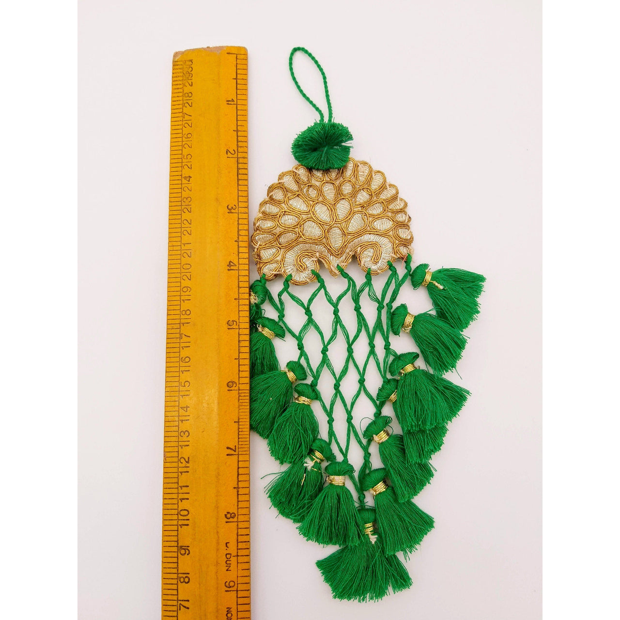 Gold Hand Embroidered Green Tassels Latkans, Indian Tassels, Boho Chic Tassels