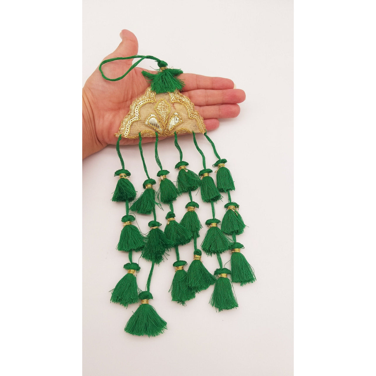 Gold Hand Embroidered Green Tassels Latkans, Tiered Tassels, Boho Chic Tassels