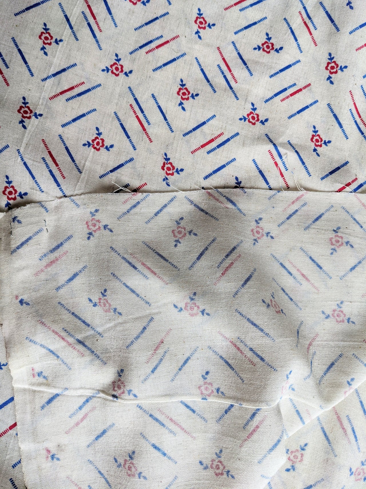 Off White Cotton Fabric In Red and Blue Floral Print, Handloom Fabric, Quilting Fabric