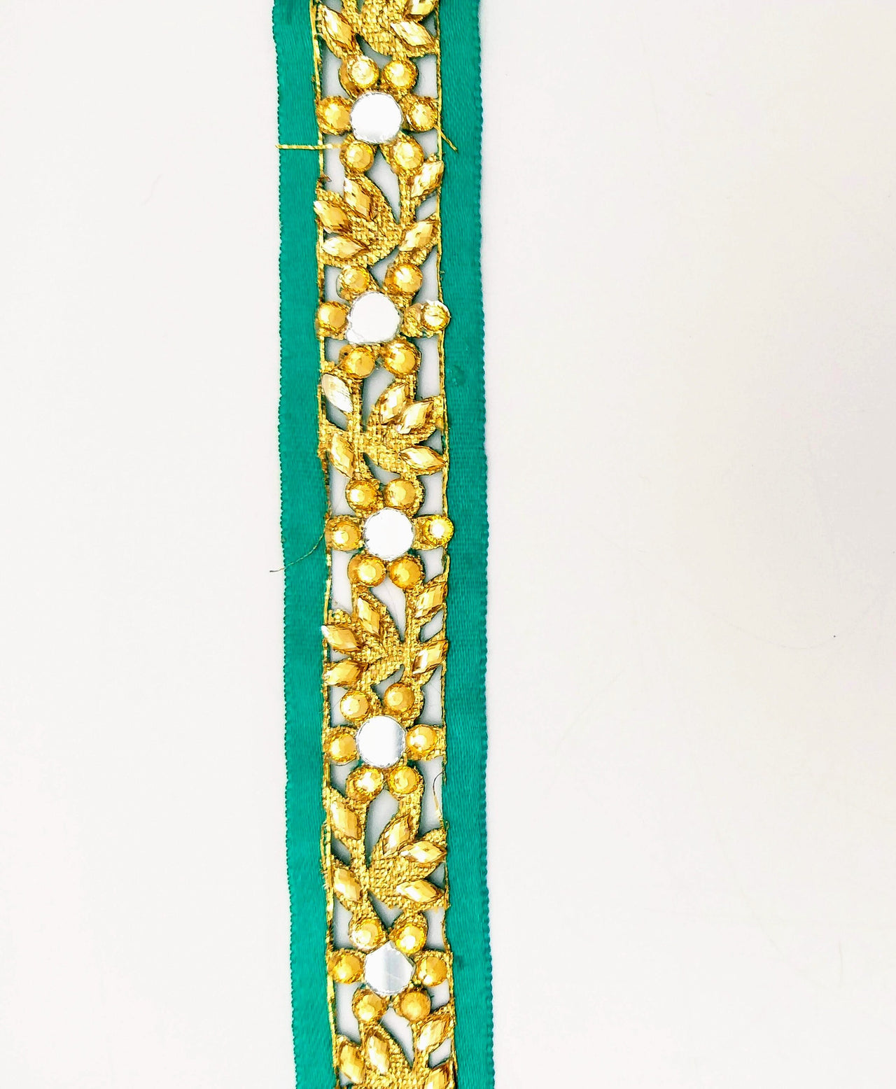 Dark Green Satin Ribbon Floral Cutwork Lace Trim Embellished with Real Mirrors and Kundan Beads, Decorative Trim, Trim By 3 Yards
