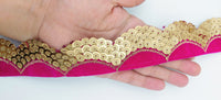 Thumbnail for Fuchsia Pink Velvet Fabric Trim With Gold Embroidery Sequins, Approx 40mm Wide, Trim By Yard
