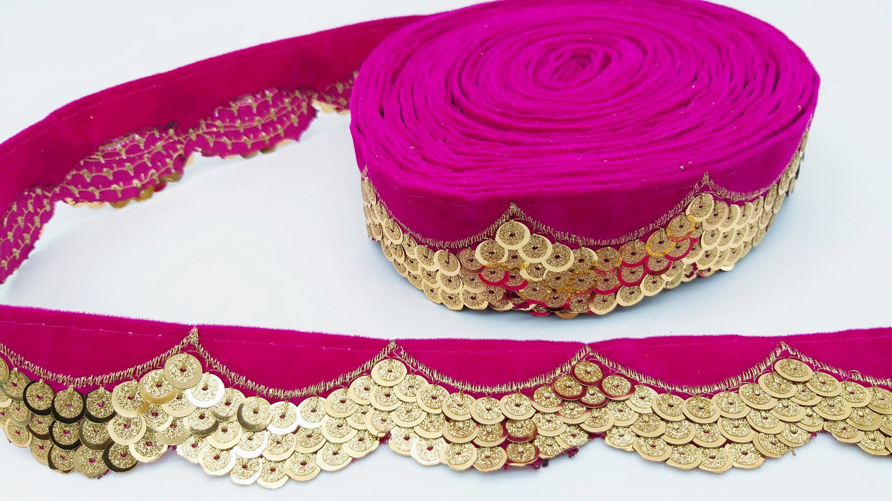 Fuchsia Pink Velvet Fabric Trim With Gold Embroidery Sequins, Approx 40mm Wide, Trim By Yard