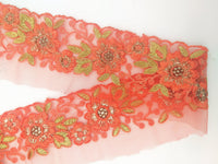 Thumbnail for Flamingo Orange Net Fabric Lace Trim with Floral Embroidery in Orange and Gold, Lace Trim, Sari Border