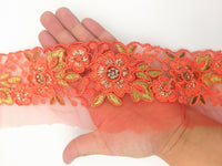 Thumbnail for Flamingo Orange Net Fabric Lace Trim with Floral Embroidery in Orange and Gold, Lace Trim, Sari Border