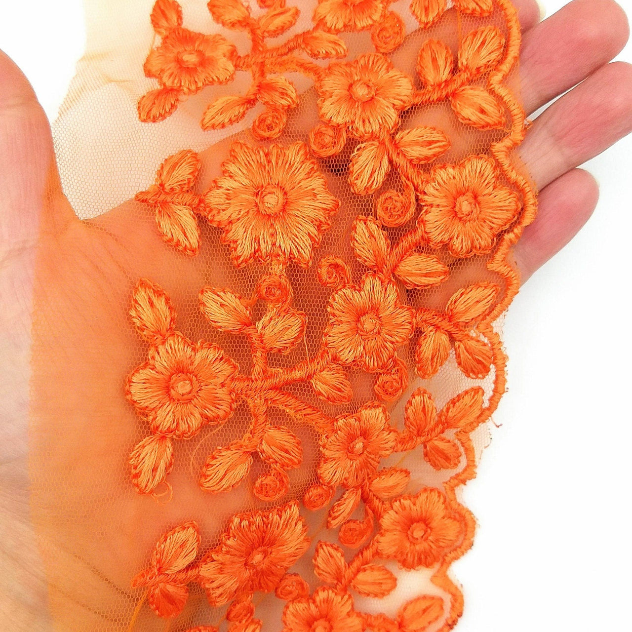 Orange Net Fabric Lace Trim with Floral Embroidery in Orange, Lace Tri –  Knicknacknook