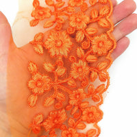 Thumbnail for Orange Net Fabric Lace Trim with Floral Embroidery in Orange, Lace Trim, Sari Border