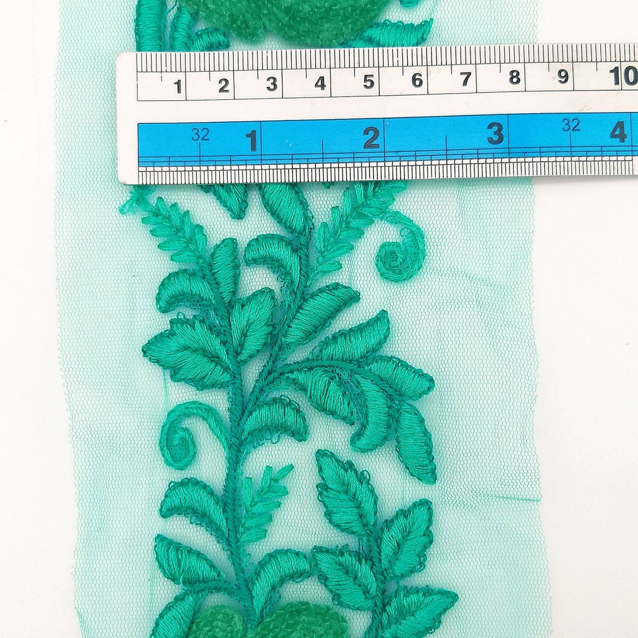 Cyan Green Soft Net Fabric Lace Trim with Floral Embroidery, Lace Trim, Sari Border