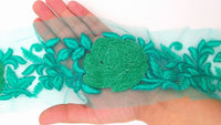 Thumbnail for Cyan Green Soft Net Fabric Lace Trim with Floral Embroidery, Lace Trim, Sari Border