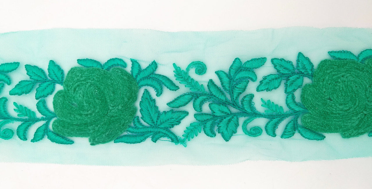 Cyan Green Soft Net Fabric Lace Trim with Floral Embroidery, Lace Trim, Sari Border