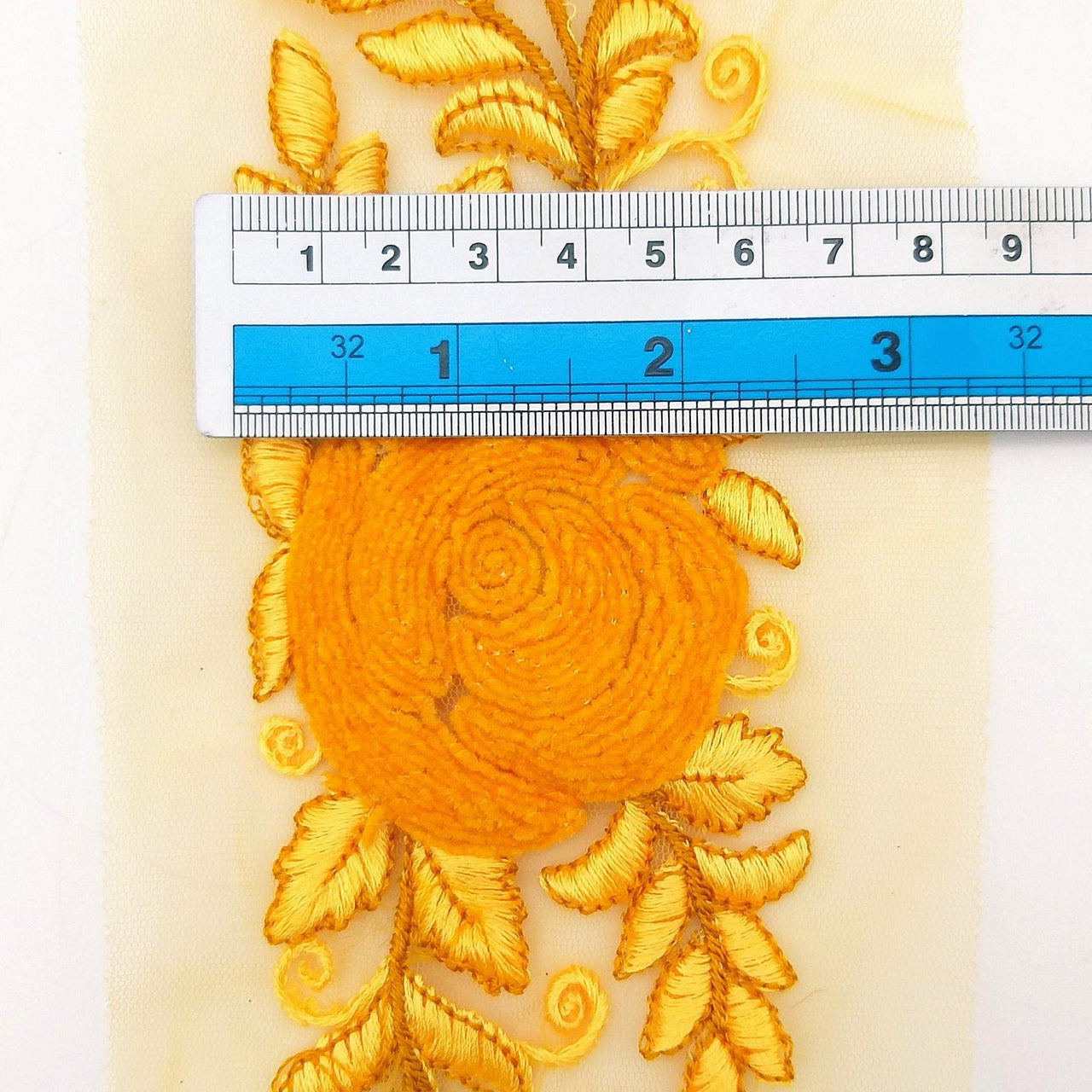 Orange Yellow Soft Net Fabric Lace Trim with Floral Embroidery, Lace Trim, Sari Border