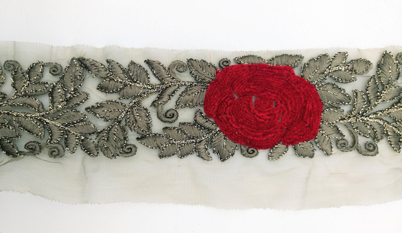 Grey Net Fabric Lace Trim with Floral Embroidery, Lace Trim, Sari Border