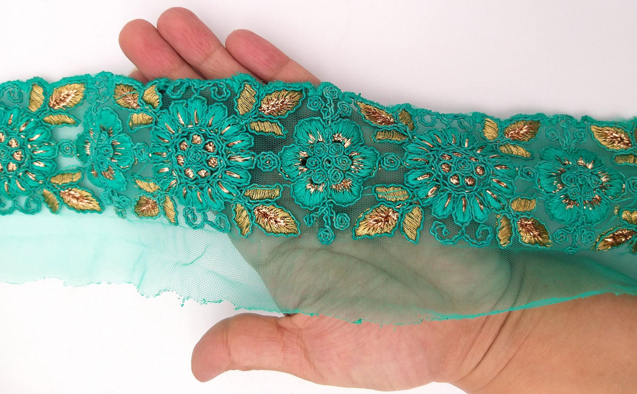 Cyan Green Net Fabric Lace Trim with Floral Embroidery, Lace Trim, Sari Border