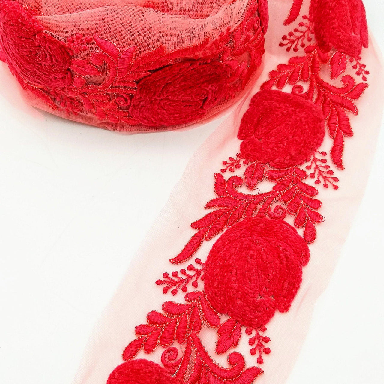 Salmon Pink Soft Net Fabric Lace Trim with Floral Embroidery, Lace Trim, Sari Border