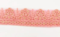 Thumbnail for Pink Net Lace Trim With Floral Embroidery And Gold Sequins, Sequinned Trim, Wedding Trim Bridal Trim