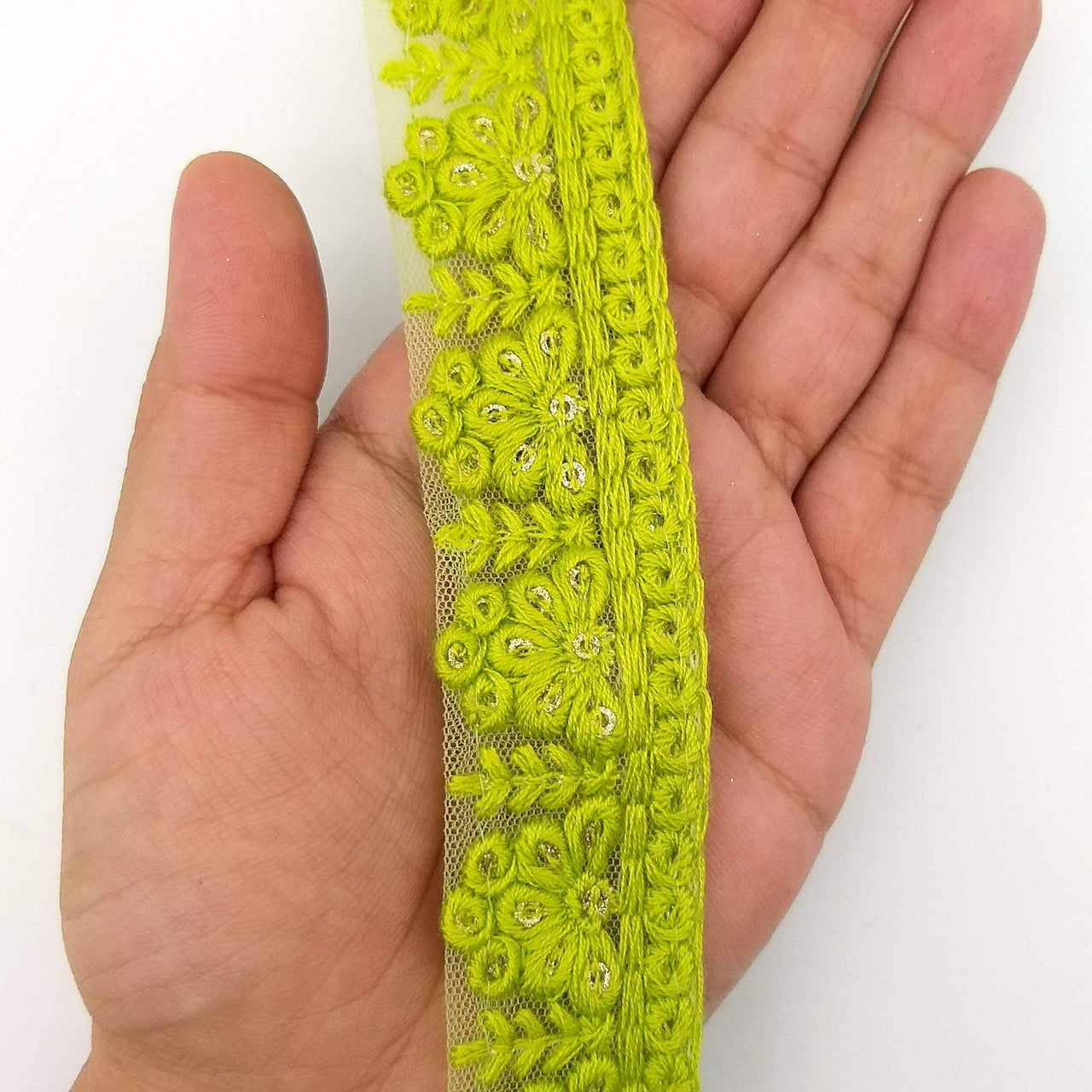 Green Net Lace Trim With Floral Embroidery And Gold Sequins, Sequinned Trim, Wedding Trim Bridal Trim