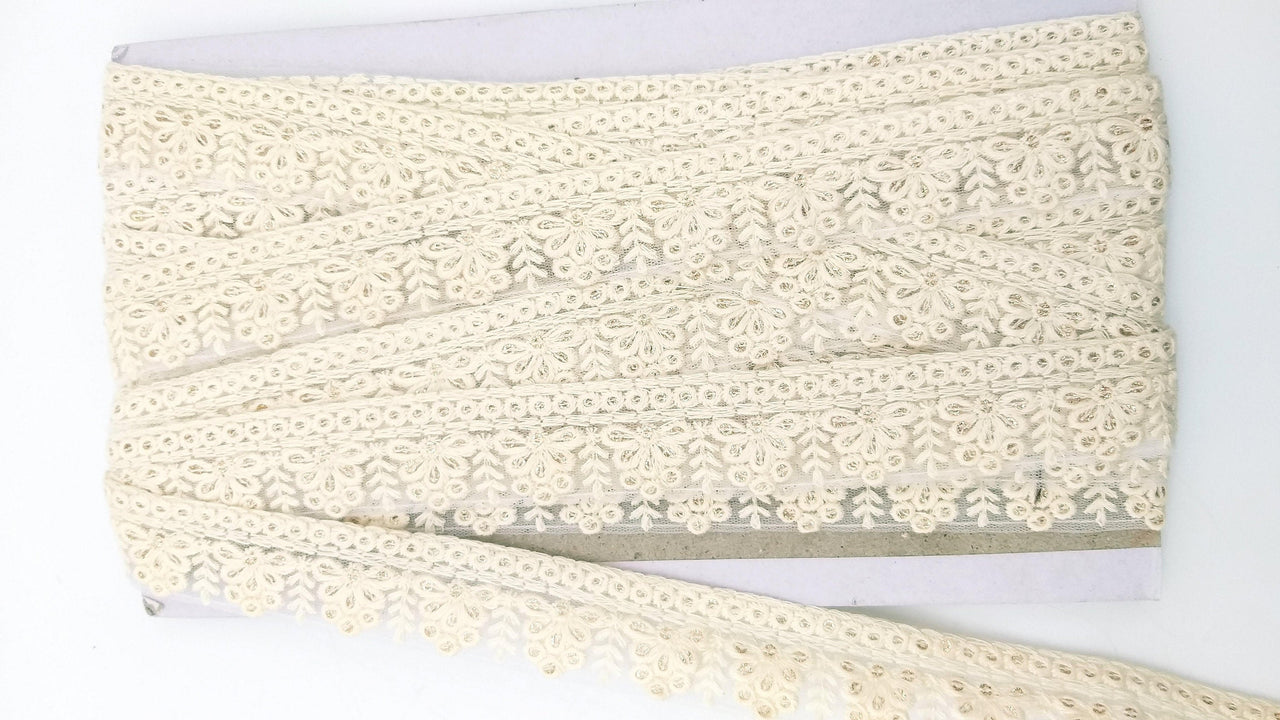 Off White Net Lace Trim With Floral Embroidery And Gold Sequins, Sequinned Trim, Wedding Trim Bridal Trim