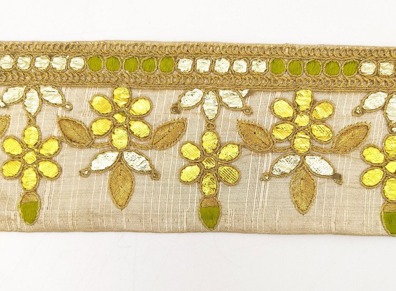 Beige Art Silk Fabric Trim, Olive Green & Gold Floral Embroidery Gota Patti Indian Sari Border Trim By Yard Decorative Trim Craft Lace