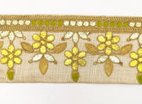 Thumbnail for Beige Art Silk Fabric Trim, Olive Green & Gold Floral Embroidery Gota Patti Indian Sari Border Trim By Yard Decorative Trim Craft Lace