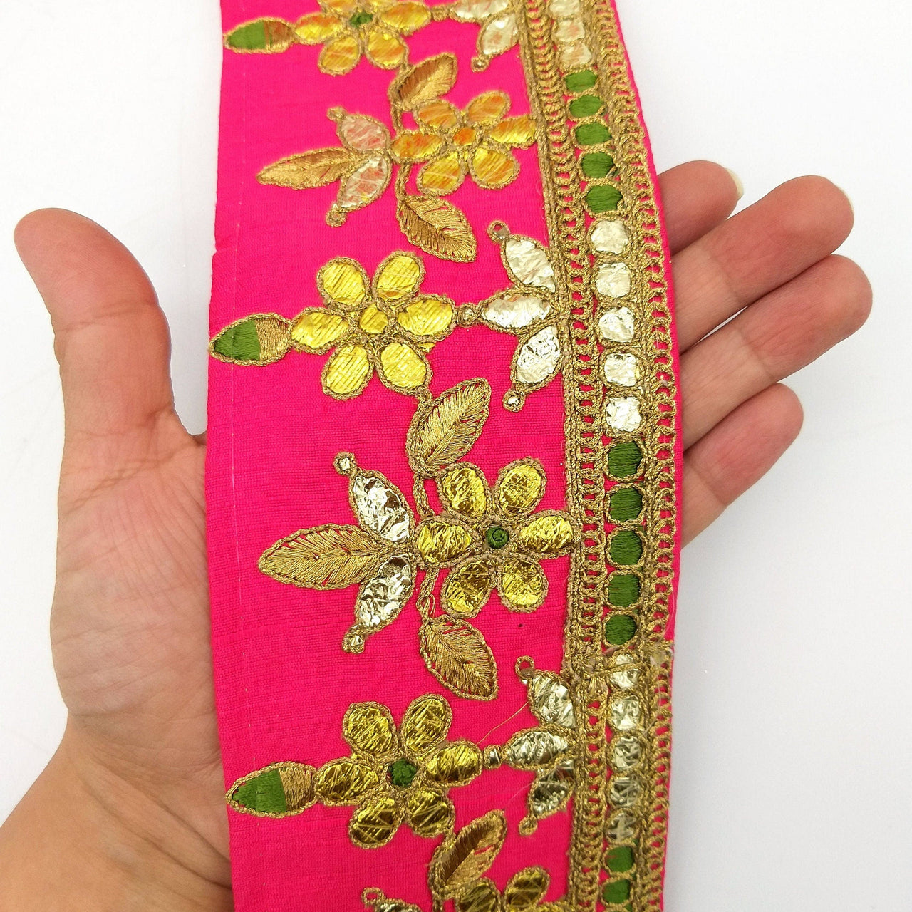 Radical Red Art Silk Fabric Trim, Green & Gold Floral Embroidery Gota Patti Indian Sari Border Trim By Yard Decorative Trim Craft Lace