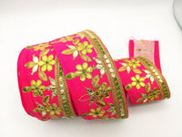 Thumbnail for Radical Red Art Silk Fabric Trim, Green & Gold Floral Embroidery Gota Patti Indian Sari Border Trim By Yard Decorative Trim Craft Lace
