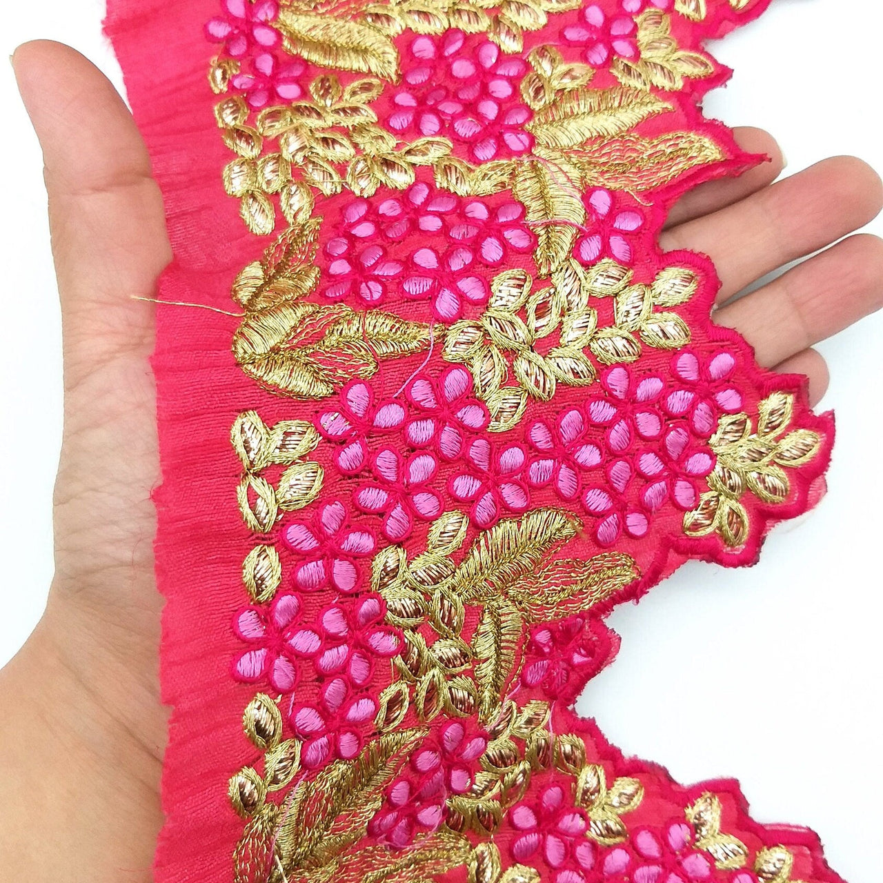 Fuchsia Pink Silk Fabric Trim, Pink & Gold Floral Embroidery Indian Sari Border Trim By Yard Decorative Trim Craft Lace