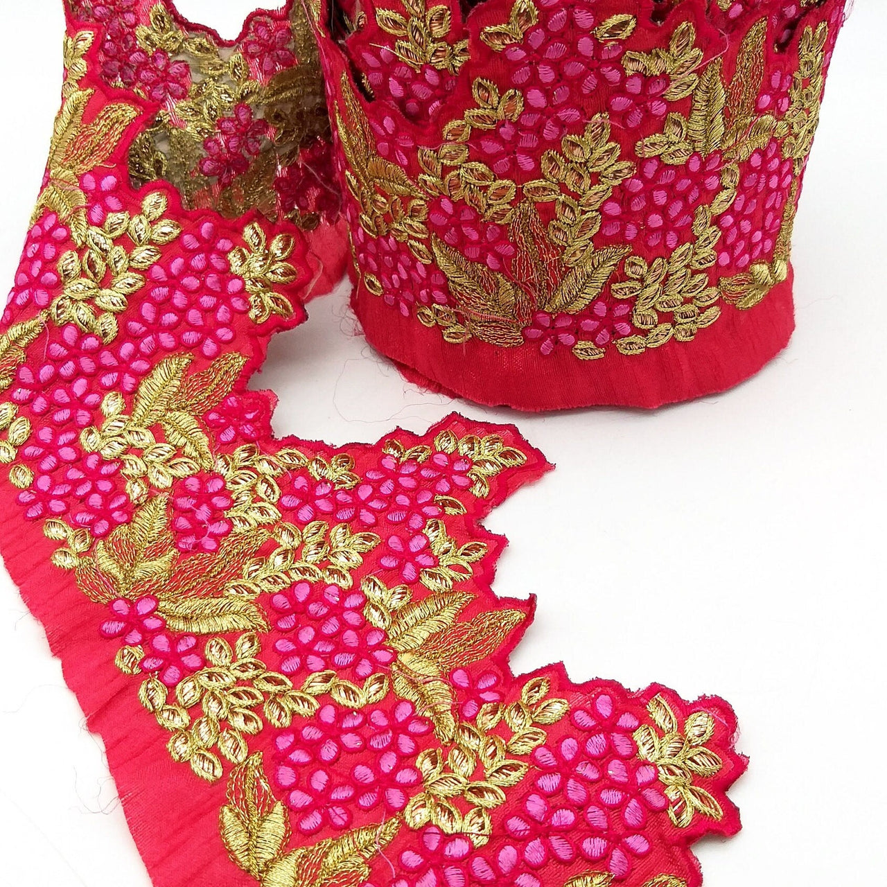 Fuchsia Pink Silk Fabric Trim, Pink & Gold Floral Embroidery Indian Sari Border Trim By Yard Decorative Trim Craft Lace