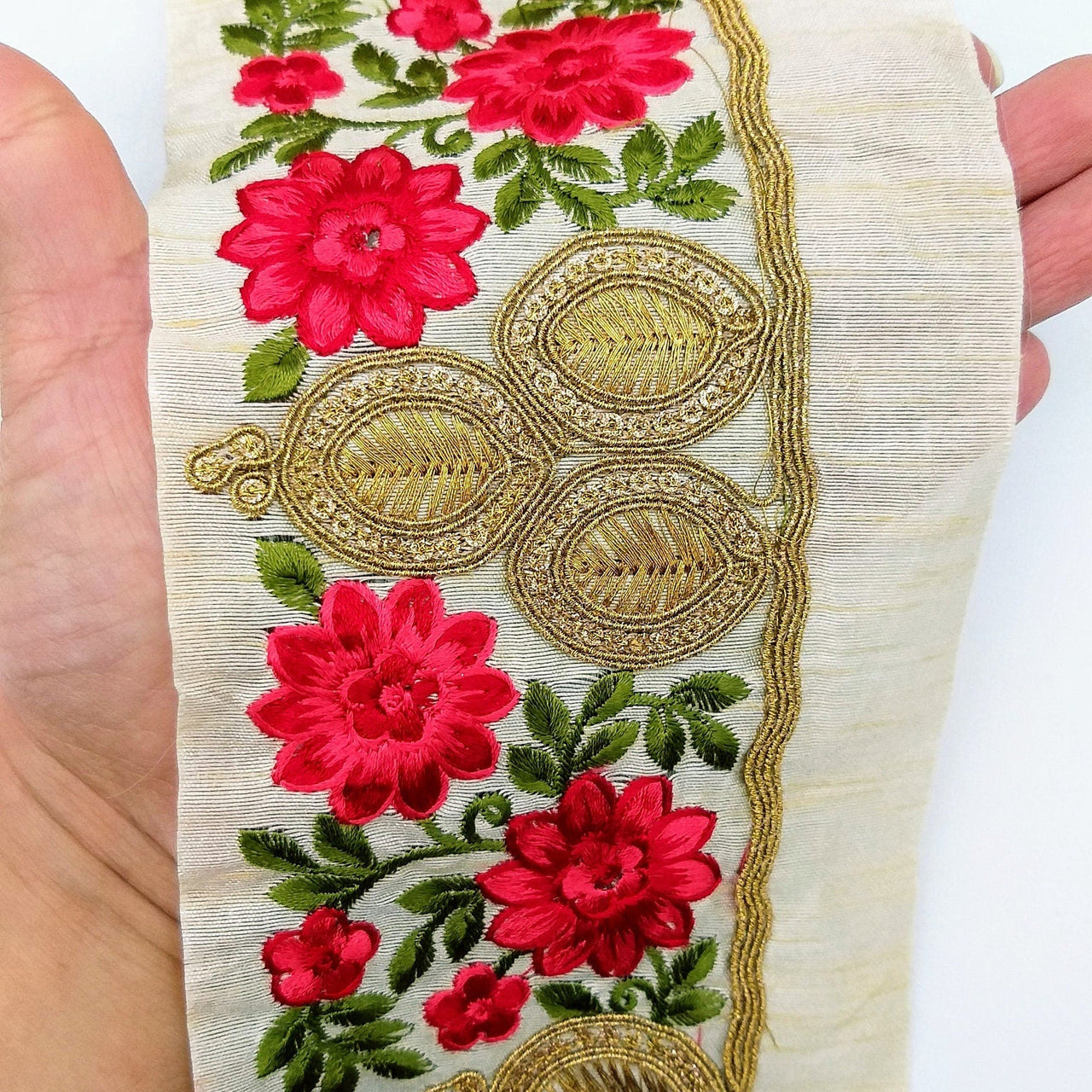 Beige Silk Fabric Trim, Green, Pink & Gold Floral Embroidery Indian Sari Border Trim By Yard Decorative Trim Craft Lace
