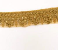 Thumbnail for Brown Net Lace Trim With Floral Embroidery And Gold Sequins, Sequinned Trim, Wedding Trim Bridal Trim