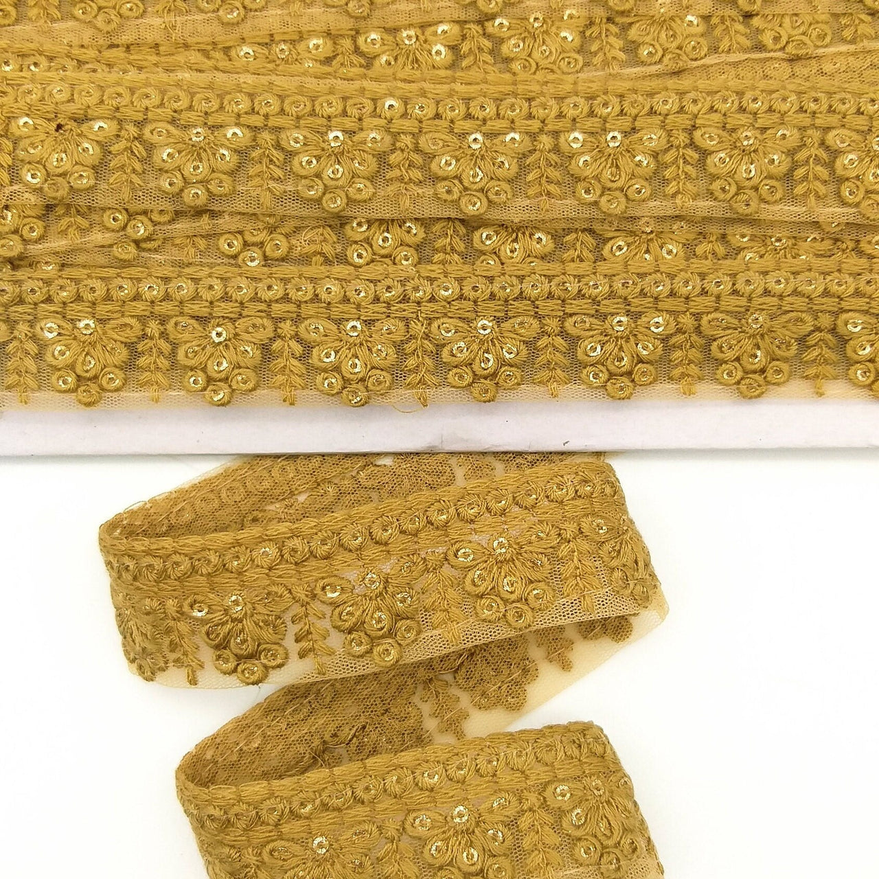 Brown Net Lace Trim With Floral Embroidery And Gold Sequins, Sequinned Trim, Wedding Trim Bridal Trim