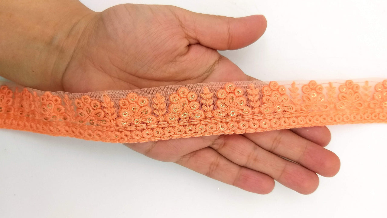 Orange Net Lace Trim With Floral Embroidery And Gold Sequins, Sequinned Trim, Wedding Trim Bridal Trim