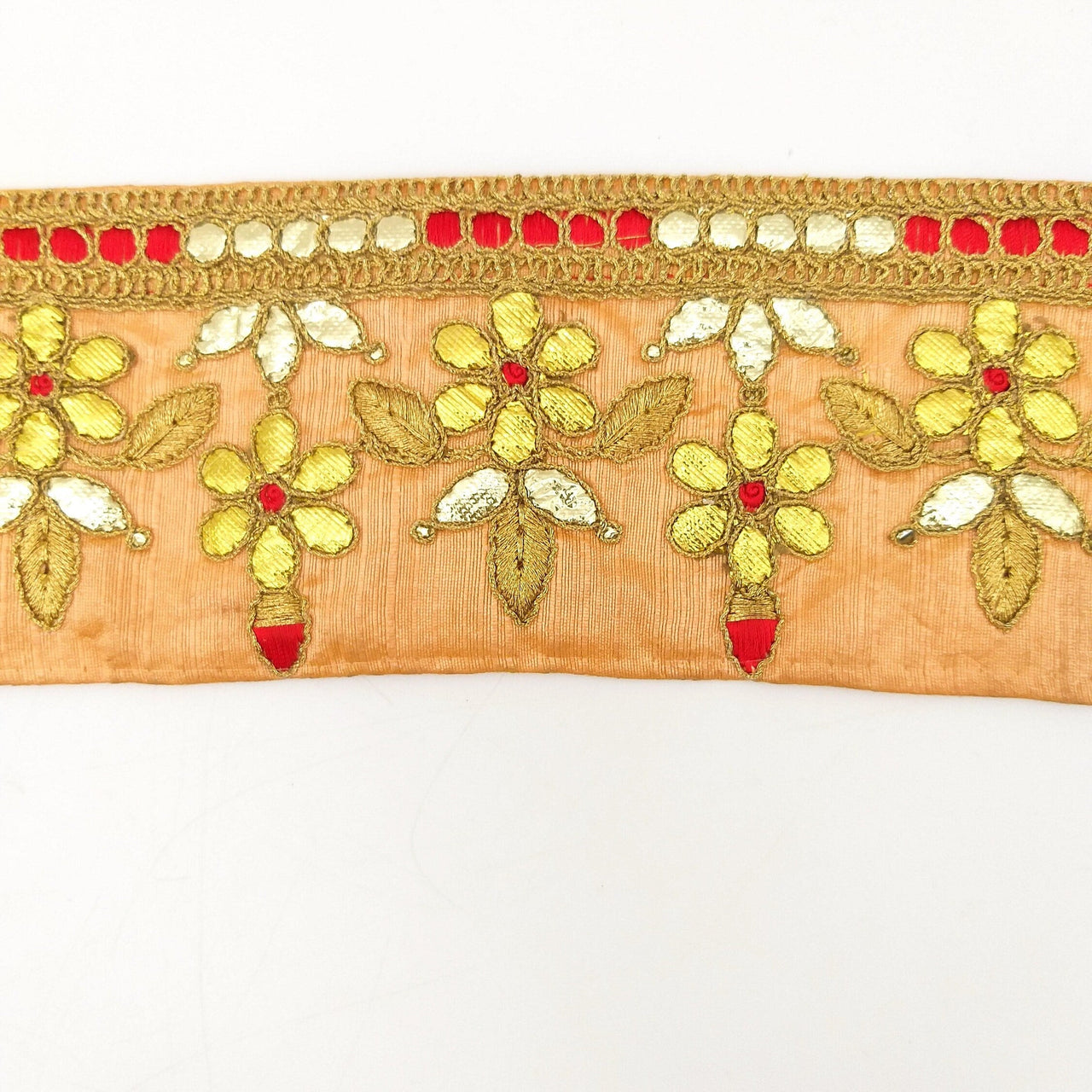 Orange Art Silk Fabric Trim, Red & Gold Floral Embroidery Gota Patti Indian Sari Border Trim By Yard Decorative Trim Craft Lace