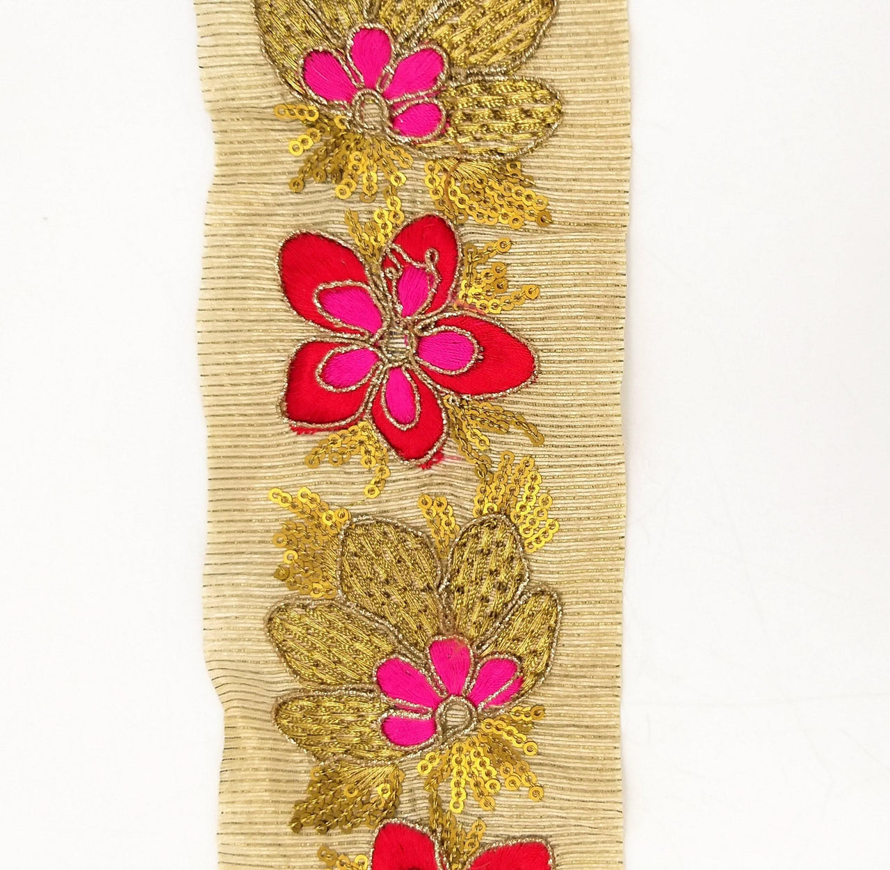 Beige Silk Fabric Trim, Red, Pink & Gold Floral Embroidery Indian Sari Border Trim By Yard Decorative Trim Craft Lace