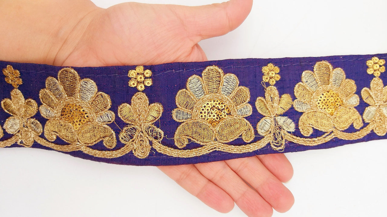 Navy Blue Art Silk Trim In Gold Floral Embroidery, Gold Embroidered Flowers Border, Floral Trim