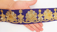 Thumbnail for Navy Blue Art Silk Trim In Gold Floral Embroidery, Gold Embroidered Flowers Border, Floral Trim