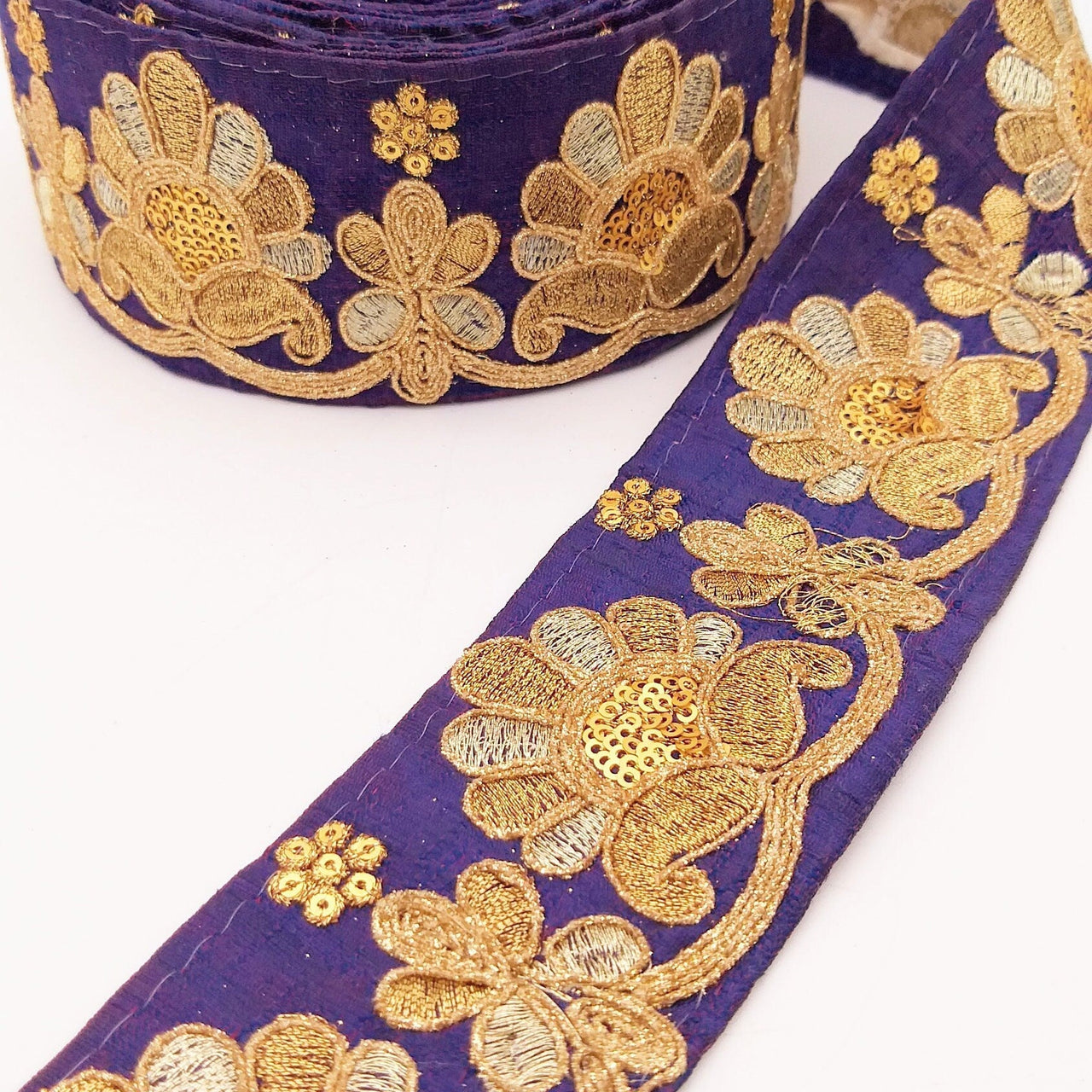 Navy Blue Art Silk Trim In Gold Floral Embroidery, Gold Embroidered Flowers Border, Floral Trim