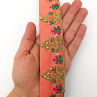 Thumbnail for Orange Art Silk Trim In Green And Gold Embroidery, Approx. 32mm wide, Decorative Trim