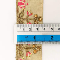 Thumbnail for Beige Art Silk Trim In Pink And Gold Embroidery, Approx. 35mm wide, Decorative Trim