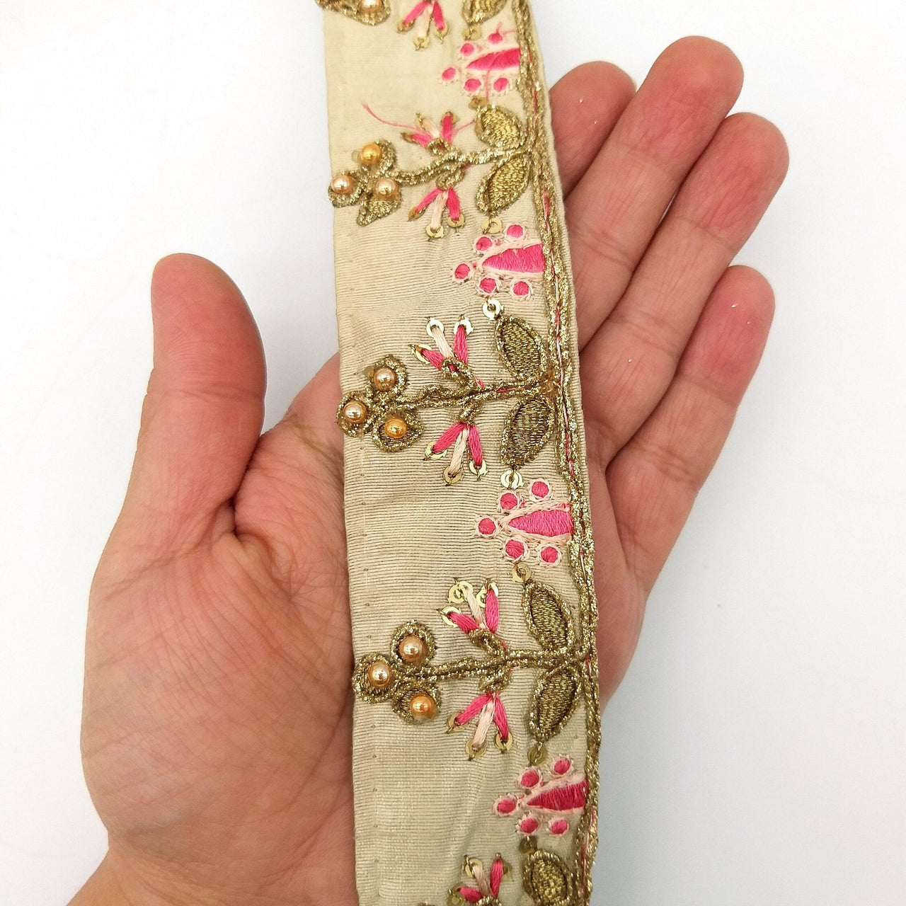 Beige Art Silk Trim In Pink And Gold Embroidery, Approx. 35mm wide, Decorative Trim