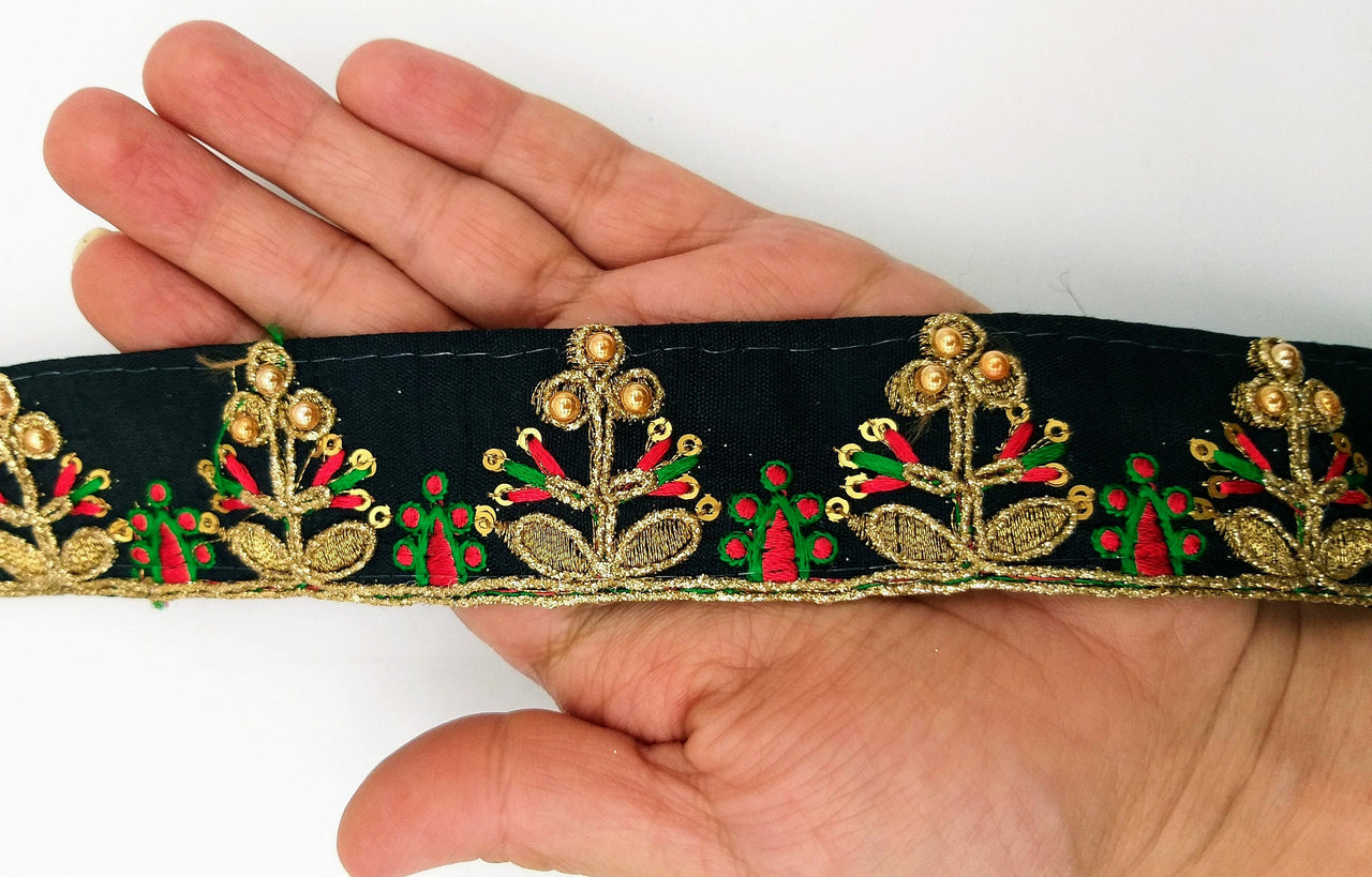 Black Art Silk Trim In Red And Gold Embroidery, Approx. 35mm wide, Decorative Trim