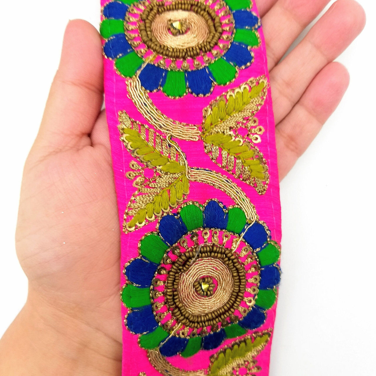 Fuchsia Art Silk Lace Trim, Floral Embroidery in Green and Blue, Hand Embroidered Border with Antique Gold beads and Gold Sequins