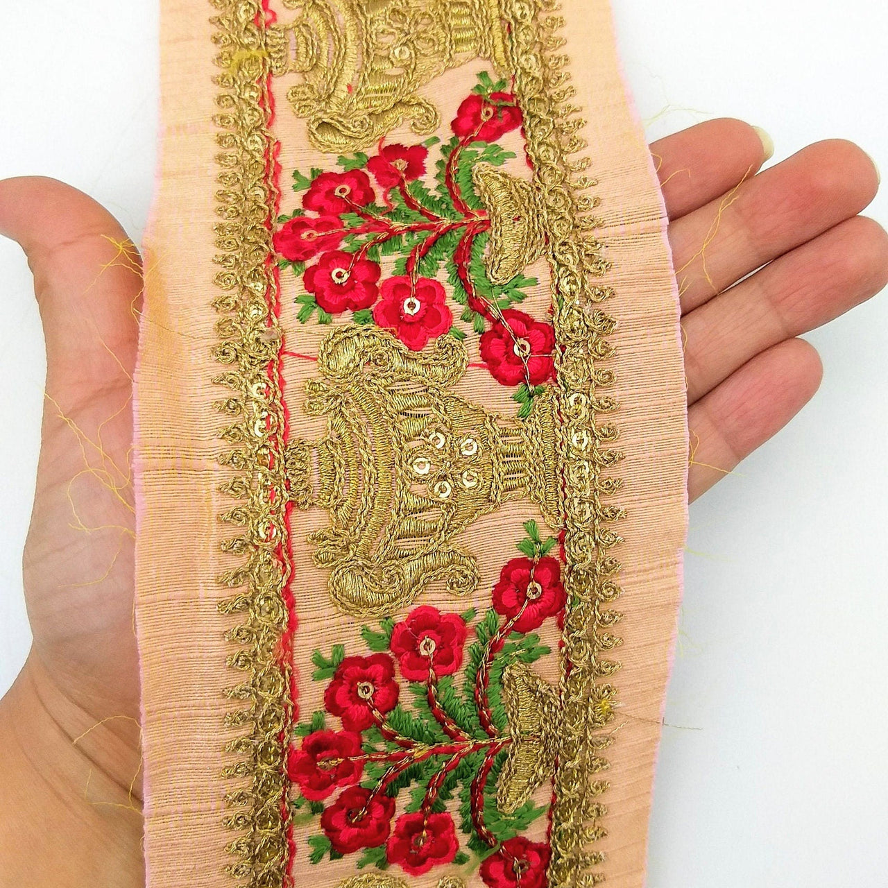 Peach Silk Trim With Floral Embroidery in Red, Green & Antique Gold, Indian Sari Border Trim By Yard Decorative Trim Craft Lace