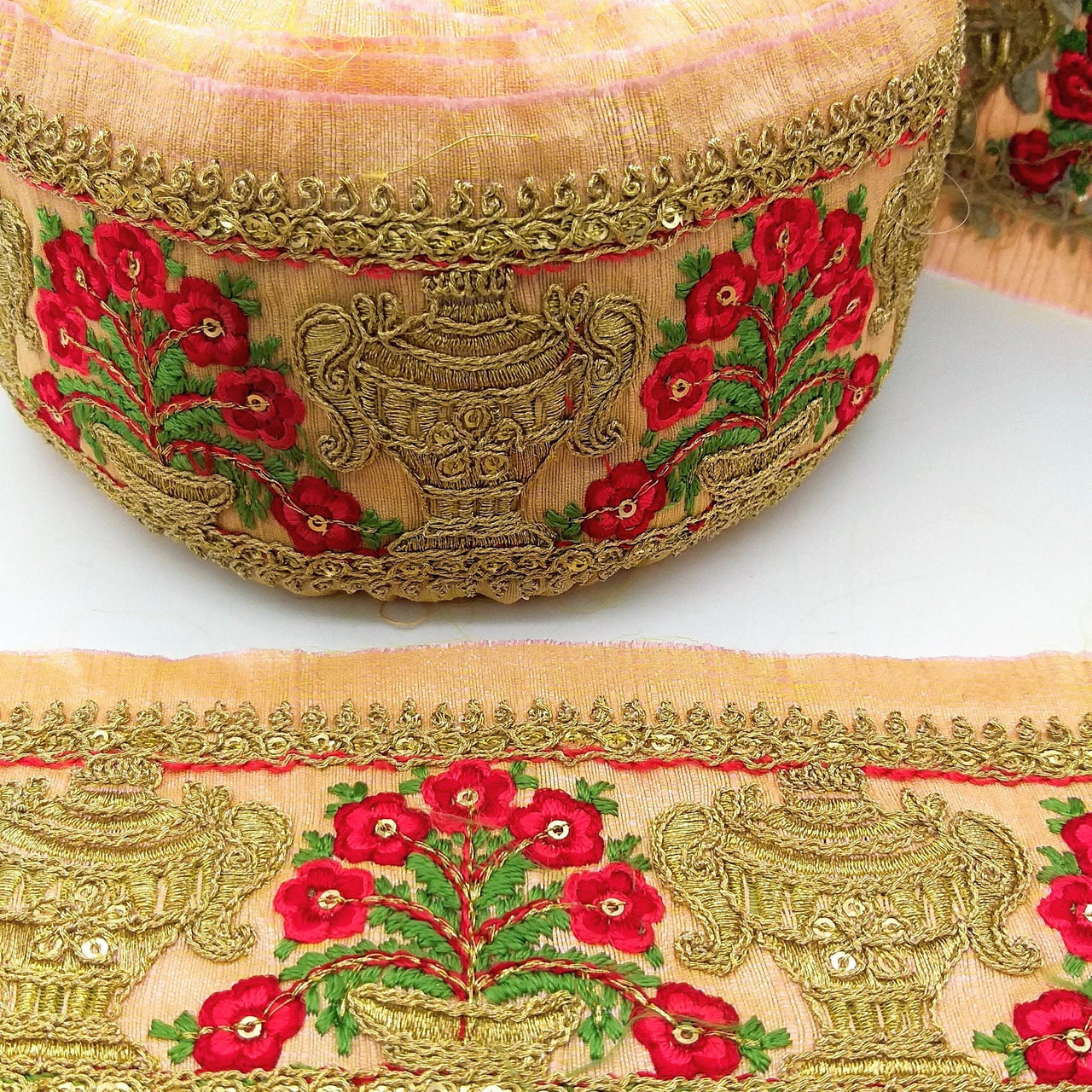 Peach Silk Trim With Floral Embroidery in Red, Green & Antique Gold, Indian Sari Border Trim By Yard Decorative Trim Craft Lace