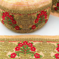 Thumbnail for Peach Silk Trim With Floral Embroidery in Red, Green & Antique Gold, Indian Sari Border Trim By Yard Decorative Trim Craft Lace