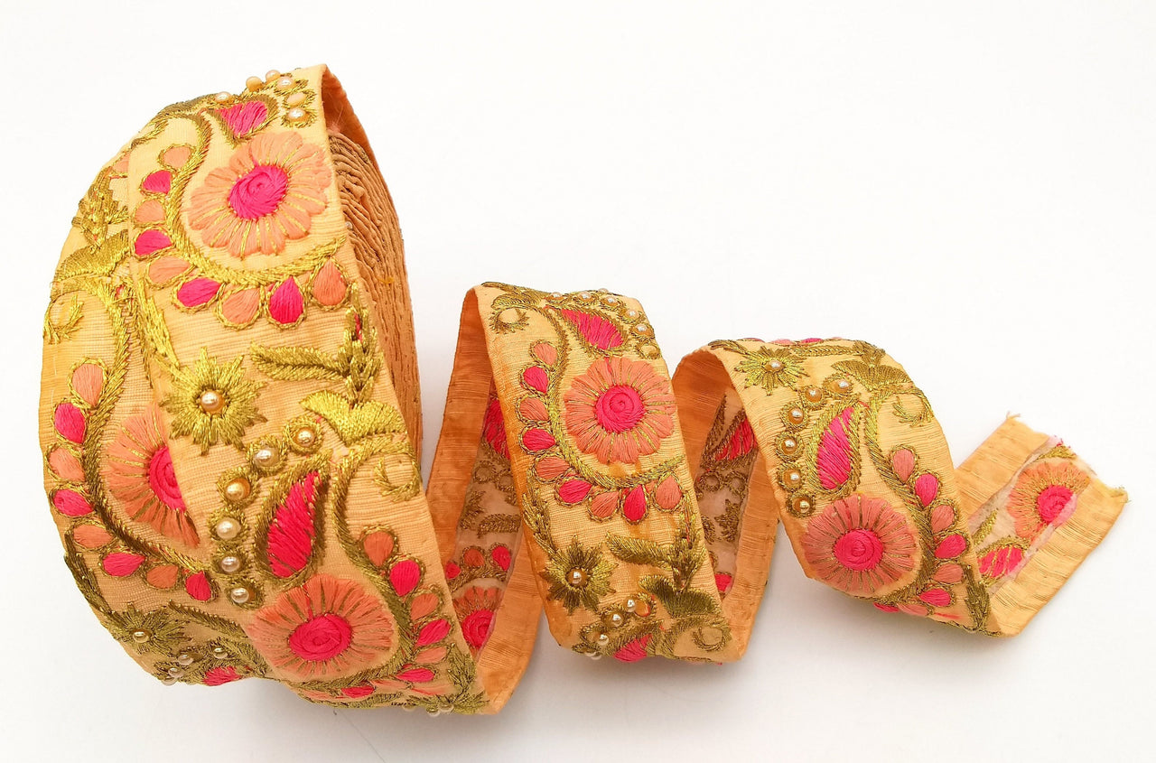 Peach Art Silk Lace Trim, Floral Embroidery in Pink, Fuchsia and Gold